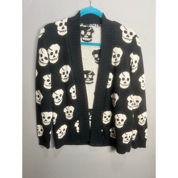Skull Cardigan Black White Somfort Cozy Y2K Emo Goth Grunge Whimsy Rock Sz L - Picture 12 of 14